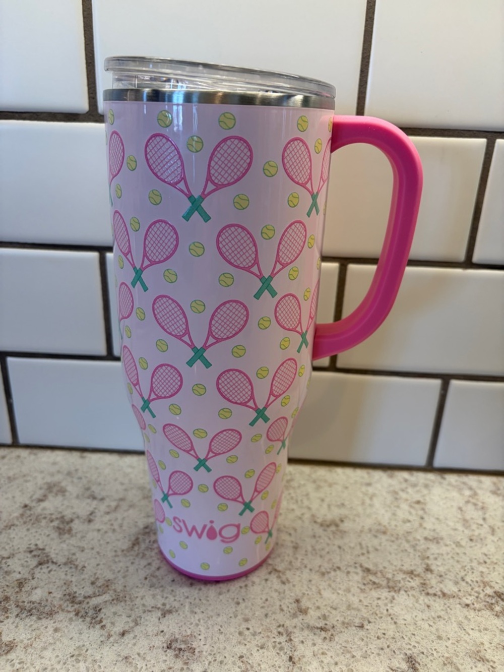Swig Pink Tennis Pattern Insulated Travel Tumbler with Handle